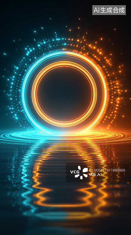 【AI数字艺术】发光环形光圈水面倒影图片素材