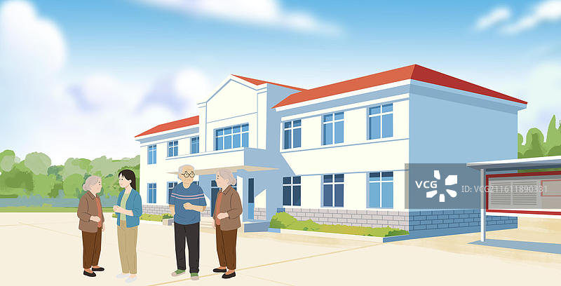 乡村振兴乡下农村生活邻里邻居关系家园家乡社区小区家庭养老院村委会房子插画图片素材