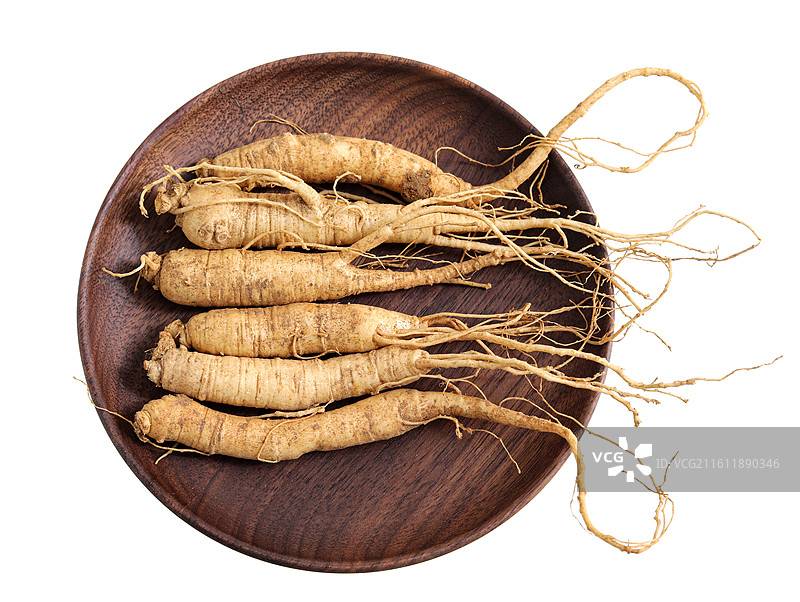 盘子里的新鲜滋补营养品药材生人参特写的白底图图片素材
