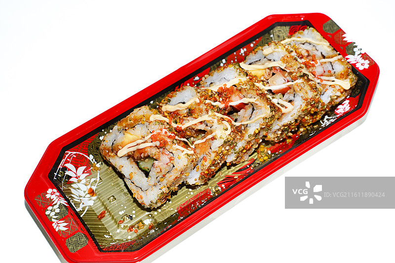 正上方白色背景的盘子里的寿司照片图片素材