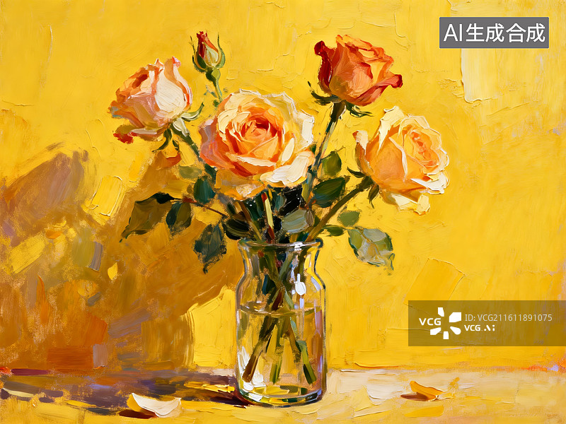 【AI数字艺术】黄底花瓶中的玫瑰油画图片素材