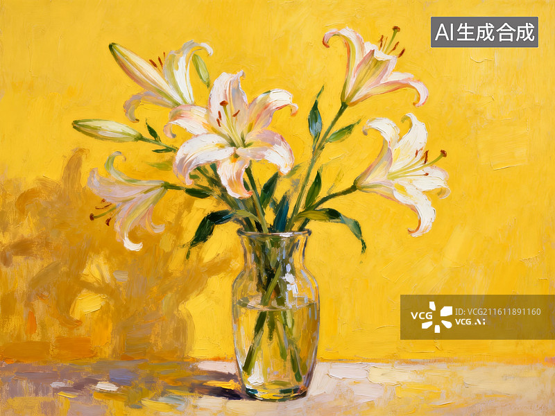 【AI数字艺术】白百合花瓶静物油画图片素材
