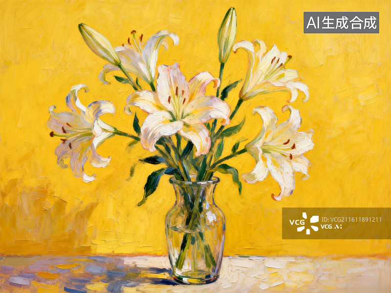 【AI数字艺术】白百合花瓶静物油画图片素材