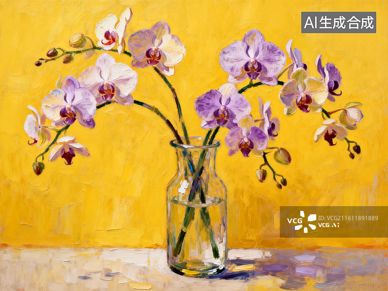 【AI数字艺术】黄色背景下的兰花静物画图片素材