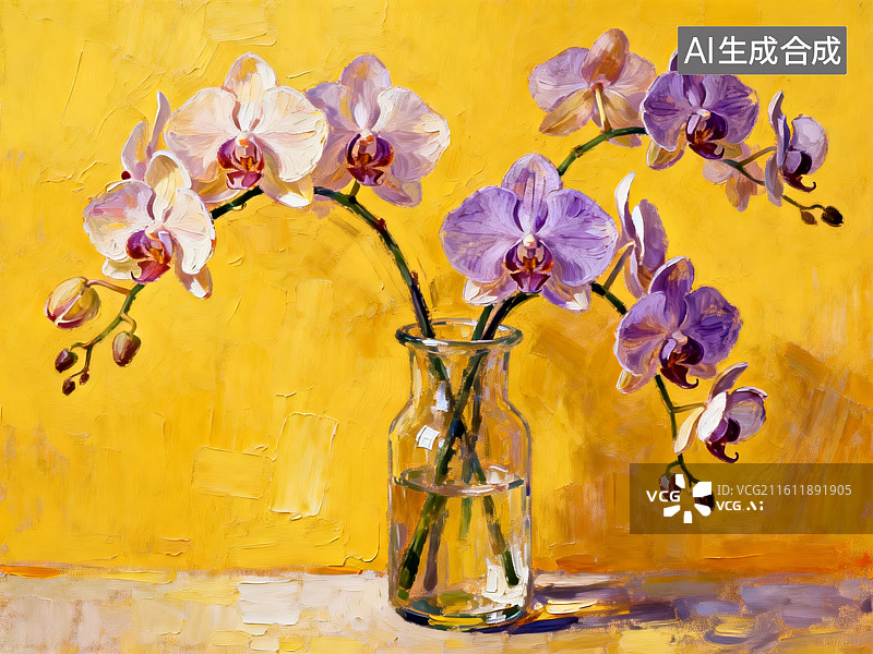 【AI数字艺术】黄色背景下的兰花静物画图片素材