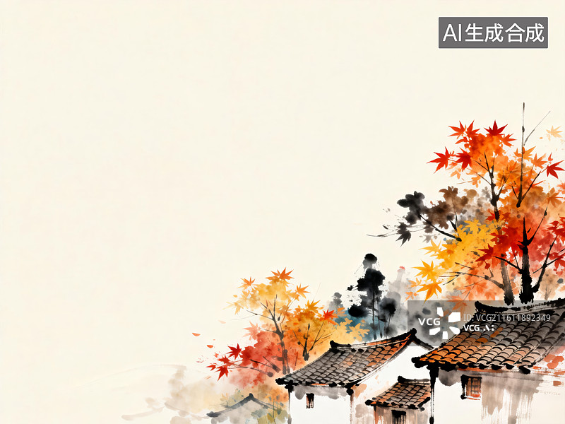 【AI数字艺术】秋枫映村 水墨古风图片素材