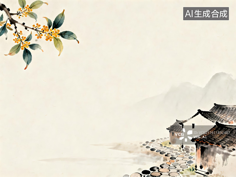 【AI数字艺术】水墨乡村建筑与秋景图片素材