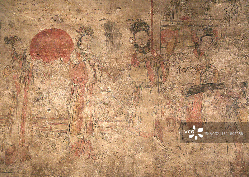 明代 墓主夫妇家居生活壁画 奏乐图 宴饮图 仕女图图片素材