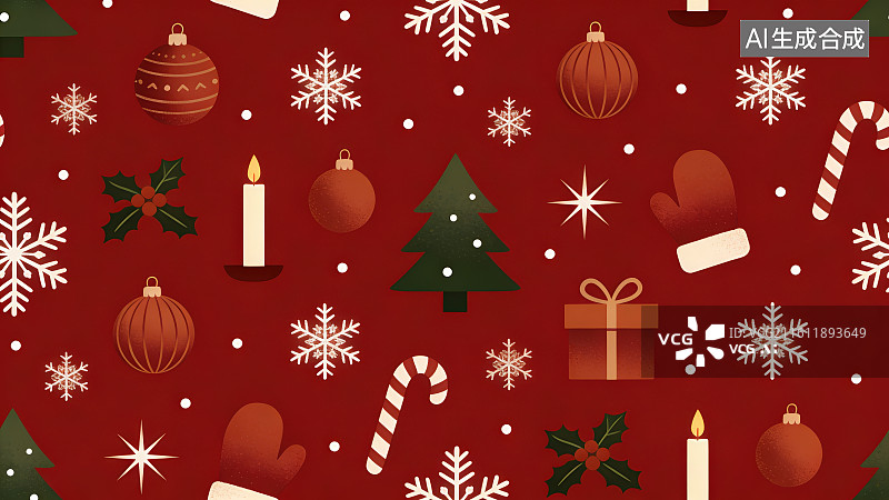 【AI数字艺术】红色背景下节日圣诞节手套蜡烛彩灯圣诞树雪花糖果礼盒等装饰元素重复纹理无缝图案图片素材