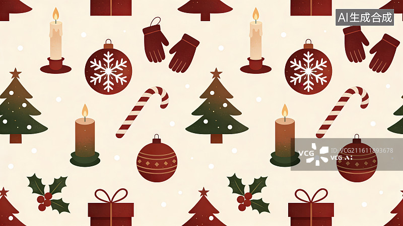 【AI数字艺术】纯色背景下节日圣诞节手套蜡烛彩灯圣诞树雪花糖果礼盒等装饰元素重复纹理无缝图案图片素材