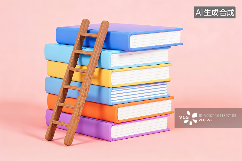 【AI数字艺术】粉色背景下一个木制梯子搭在堆起来的书本上，知识学习教育主题概念图片素材