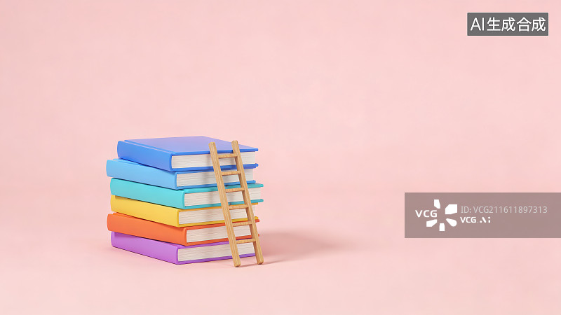 【AI数字艺术】粉色背景下一个木制梯子搭在堆起来的书本上，知识学习教育主题概念图片素材