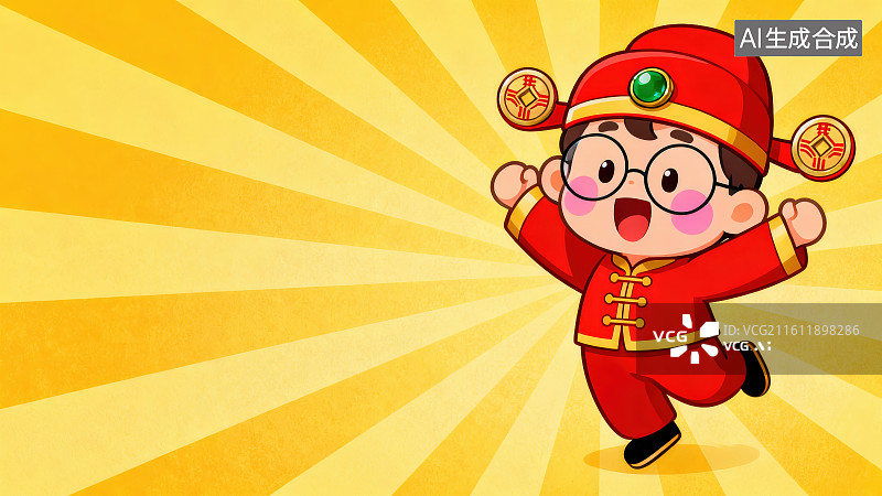 【AI数字艺术】黄色放射状条纹背景下穿传统大褂头戴状元帽的卡通财神男孩打扮形象，喜庆红色中式装扮招财童子新年祝福插画图片素材