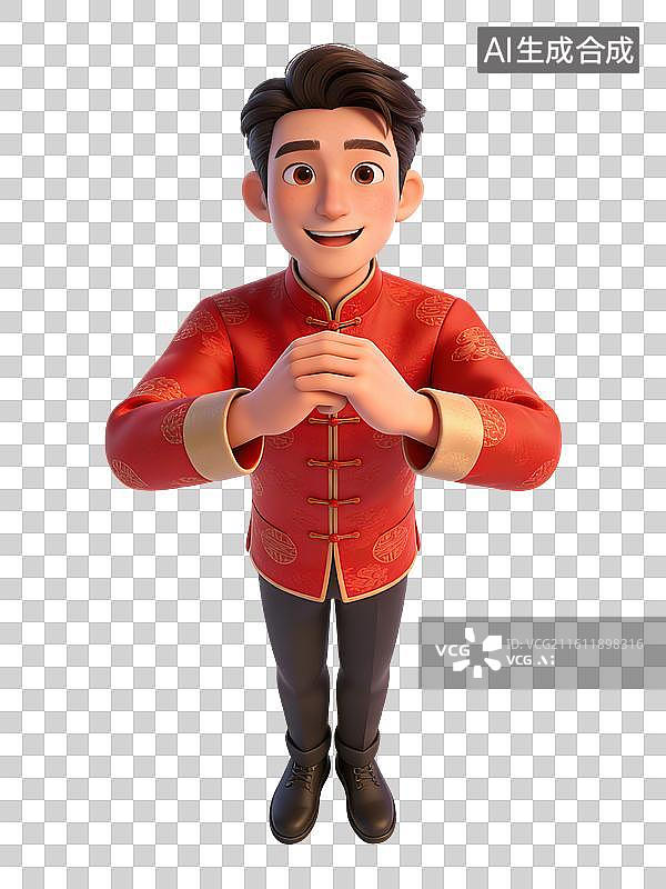 【AI数字艺术】年轻男性，面带微笑，双手作揖拜年，身穿红色中式上衣和黑色裤子，脚踩黑色皮鞋图片素材