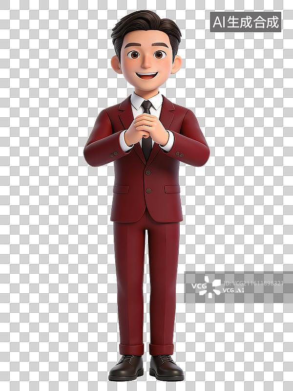 【AI数字艺术】年轻男性动画角色，穿着红色西装与黑色皮鞋，双手作揖拜年，面带微笑，表情友好图片素材