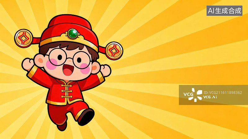 【AI数字艺术】黄色放射状条纹背景下穿传统大褂头戴状元帽的卡通财神男孩打扮形象，喜庆红色中式装扮招财童子新年祝福插画图片素材