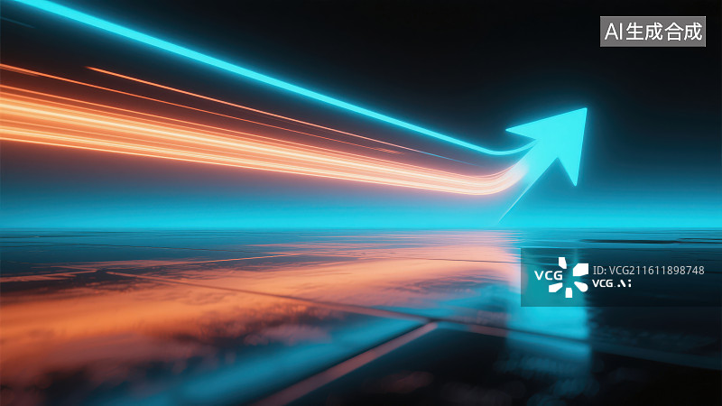 【AI数字艺术】黑色背景下的蓝白色霓虹灯发光向上箭头，金融科技向上上涨箭头图标股票股市金融经济增长概念插画背景图片素材