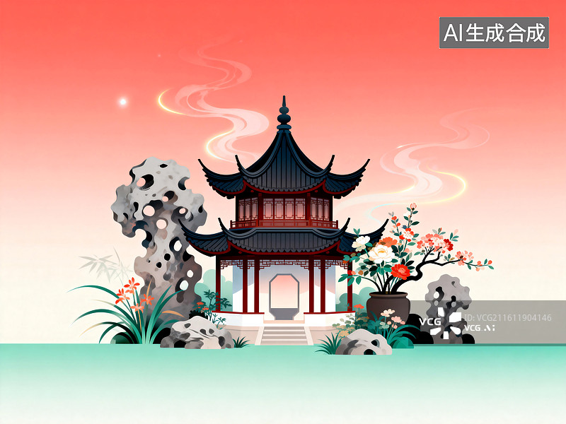 【AI数字艺术】古典中式亭台与假山园林插画图片素材