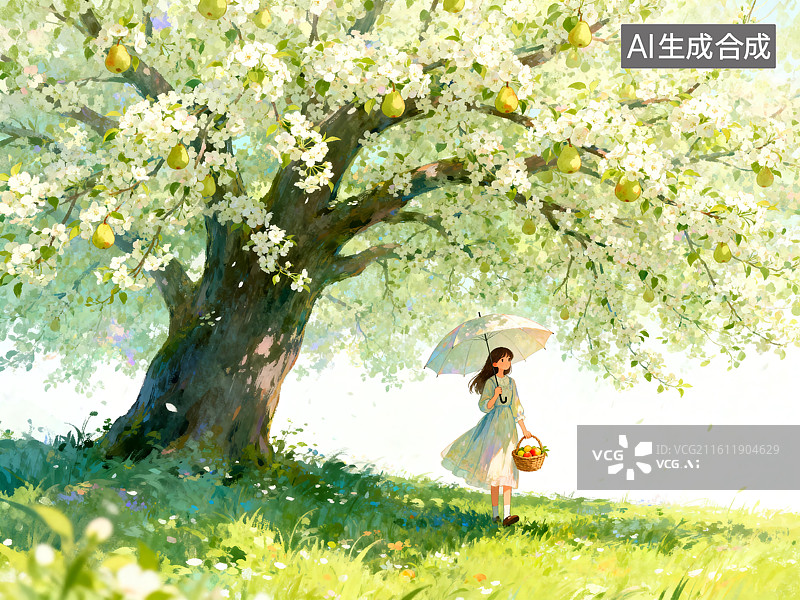 【AI数字艺术】春日花树下少女漫步图片素材