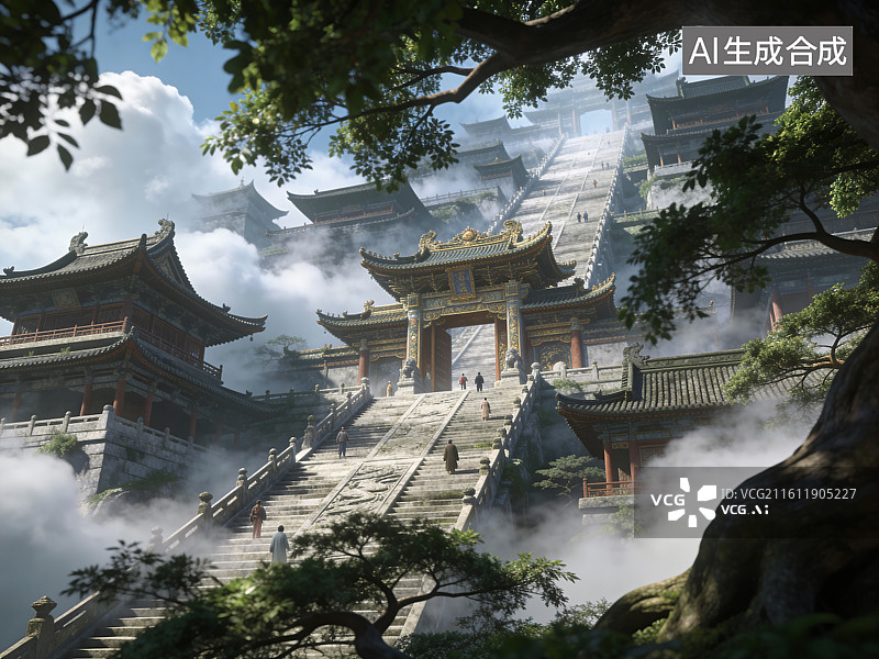 【AI数字艺术】云雾缭绕的古风宫殿群图片素材