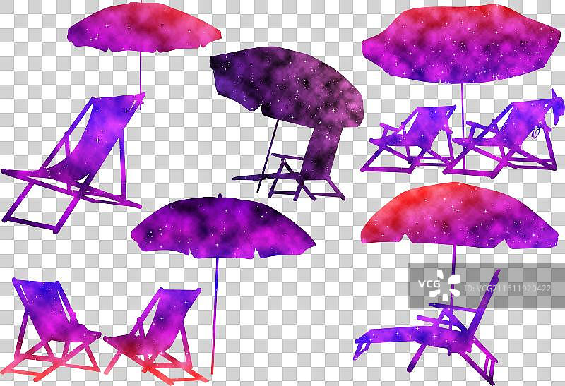 色彩缤纷的沙滩椅和遮阳伞水彩画图片素材