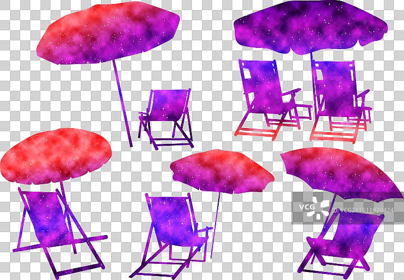 色彩缤纷的沙滩椅和雨伞水彩画艺术图片素材