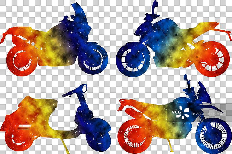 色彩鲜艳的水彩现代摩托车剪影图片素材