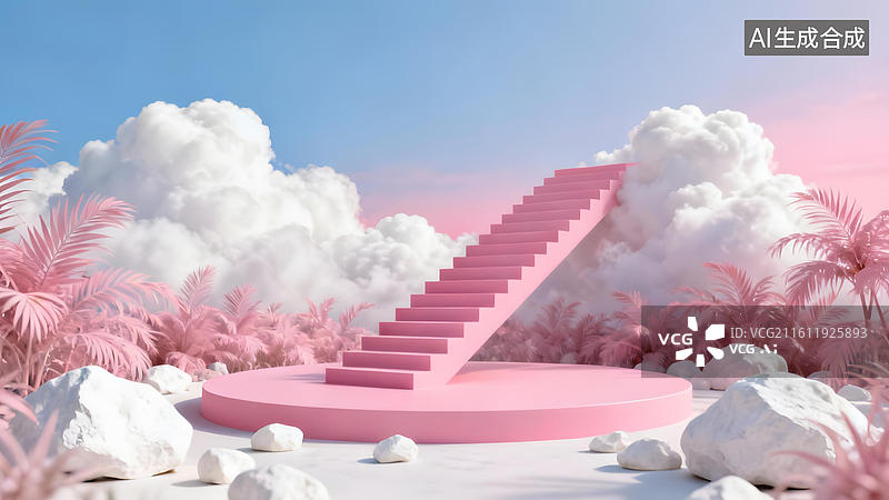 【AI数字艺术】粉色阶梯通向云朵的梦幻场景图片素材