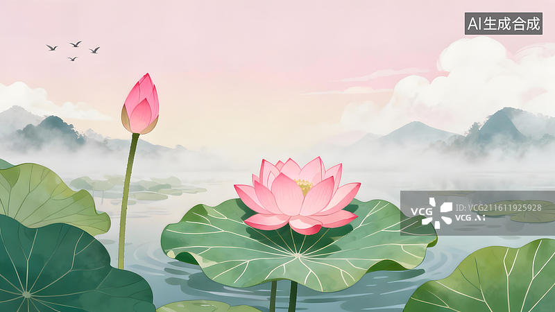 【AI数字艺术】荷花盛开的湖面景色图片素材