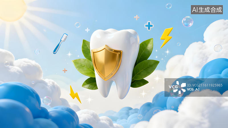 【AI数字艺术】牙齿守护盾牌云中漂浮图片素材
