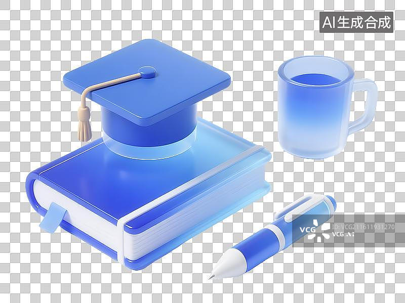 【AI数字艺术】AIGC：3D磨砂玻璃材质 学位帽书笔杯子，教育学习毕业考研，设计元素，免抠图图片素材