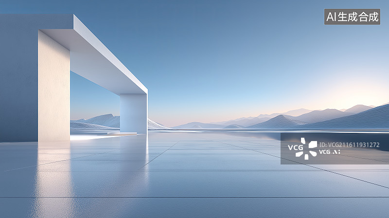 【AI数字艺术】汽车广告背景图——现代城市极简建筑与城市天际线场地面展览空间图片素材