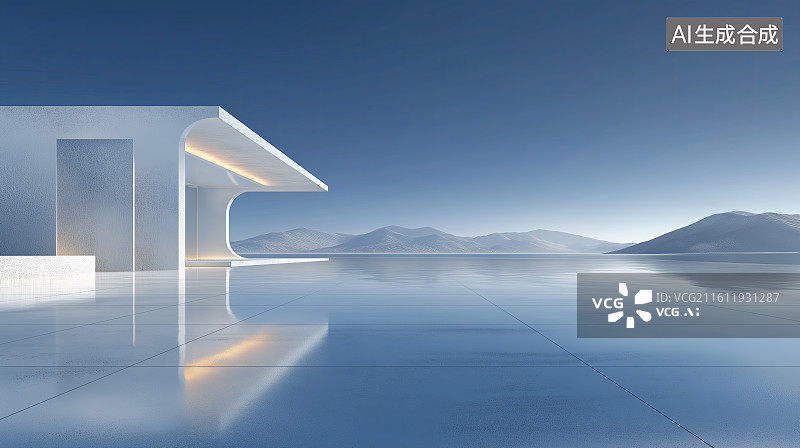 【AI数字艺术】汽车广告背景图——现代城市极简建筑与城市天际线场地面展览空间图片素材