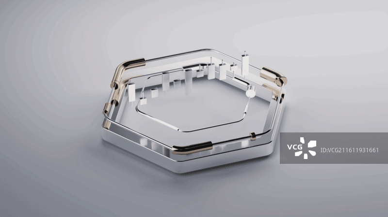 股票蜡烛图与金属六边形底座三维渲染图片素材