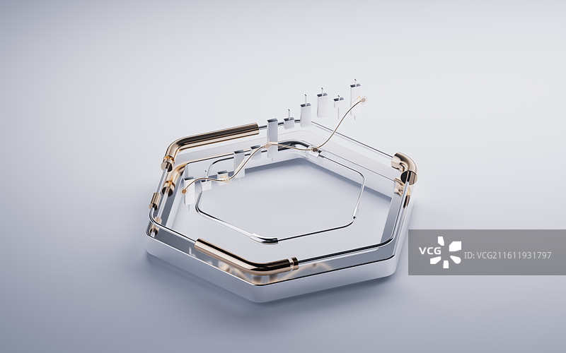 股票蜡烛图与金属六边形底座三维渲染图片素材