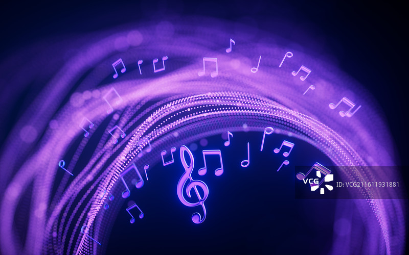 音乐音符与霓虹粒子背景三维渲染图片素材