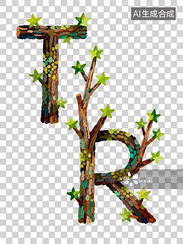 【AI数字艺术】由树枝构成的字母T和R 3月植树节免抠元素插画图片素材