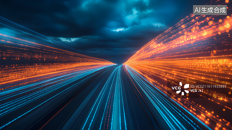 【AI数字艺术】光影穿梭的未来之路动感光轨下的城市隧道图片素材