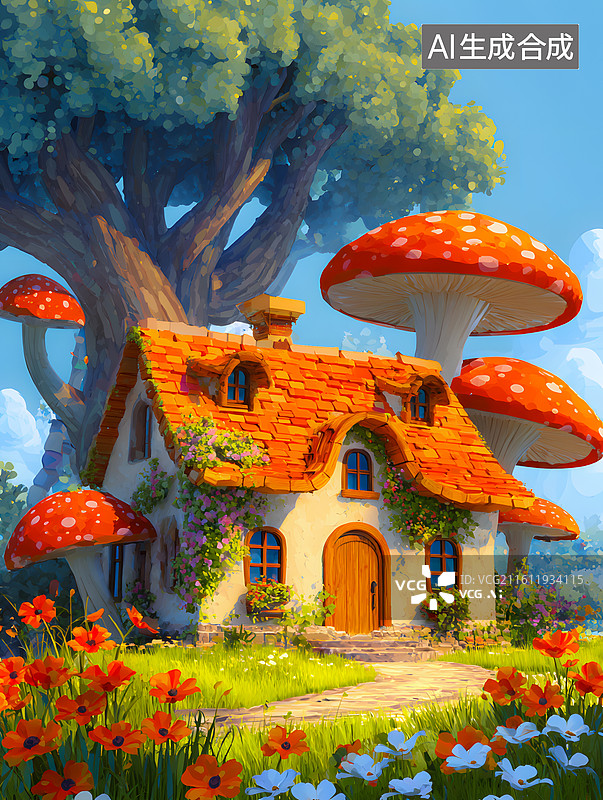【AI数字艺术】童话蘑菇屋场景奇幻森林蘑菇小屋图片素材