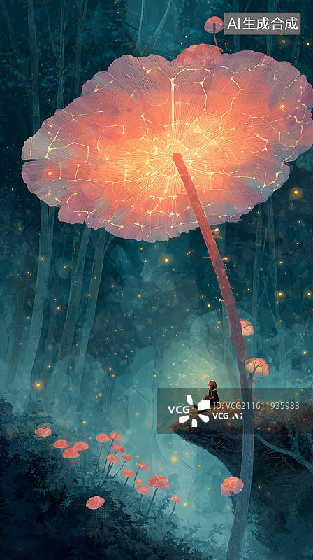【AI数字艺术】抽象梦幻蘑菇森林萤火壁纸图片素材