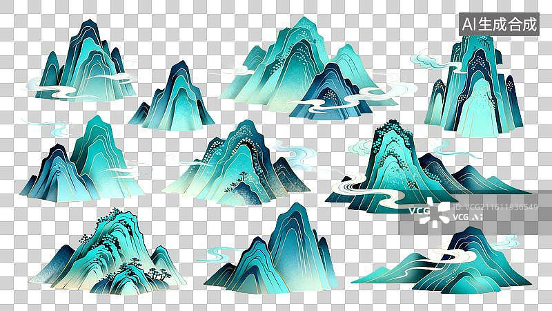 【AI数字艺术】青绿山水国潮风装饰元素背景图片素材