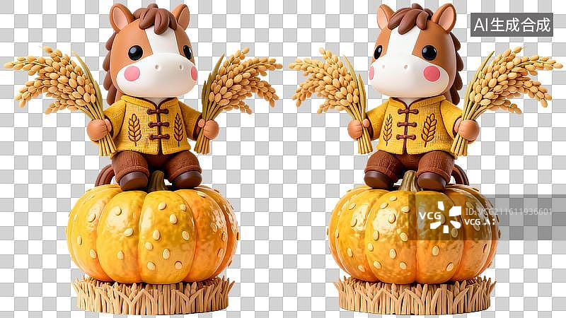 【AI数字艺术】卡通小马暖色调丰收主题摆件场景图片素材