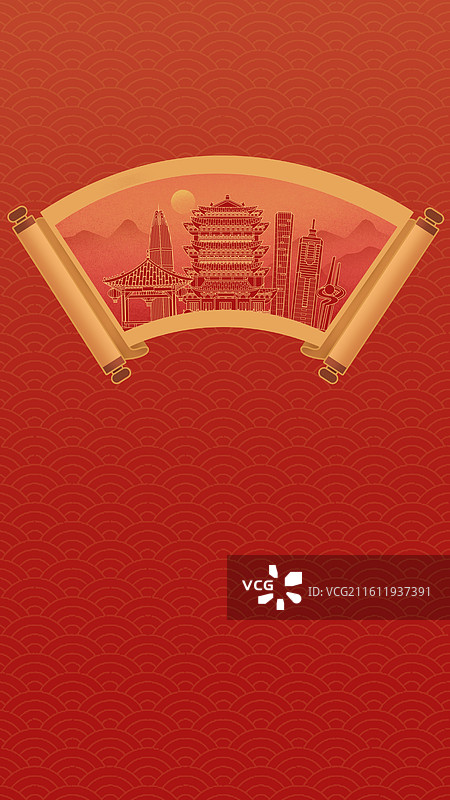 济南中国风画卷古典卷轴书卷手绘城市建筑图片素材