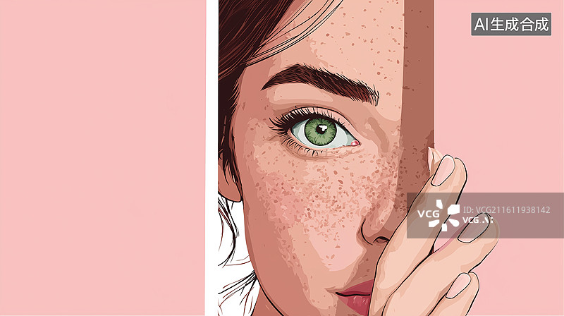 【AI数字艺术】绿眼女孩方框窥视卡通画图片素材