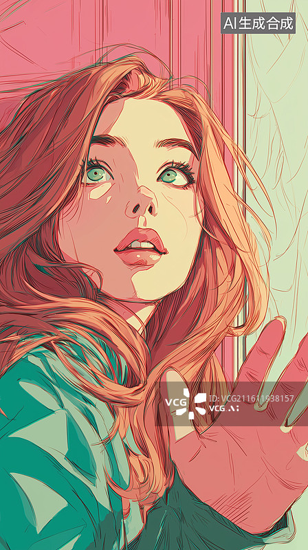 【AI数字艺术】长发绿眼少女窗边手影肖像图片素材