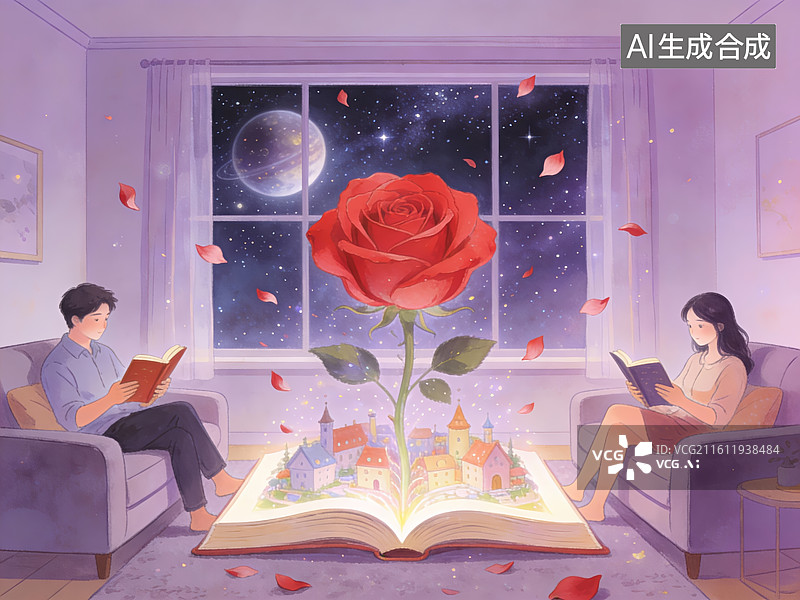 【AI数字艺术】窗前读书人与魔法玫瑰图片素材