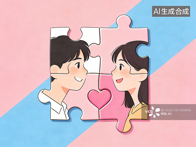 【AI数字艺术】拼图中的情侣与爱心图片素材