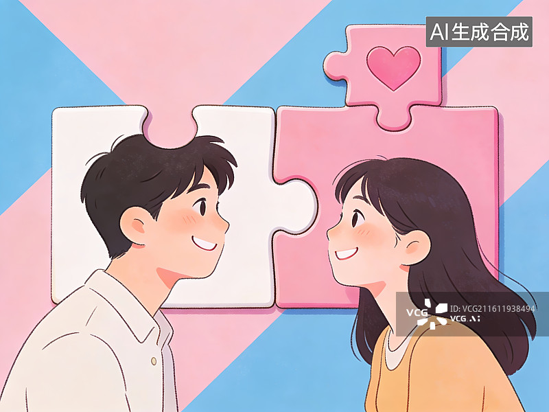 【AI数字艺术】情侣拼图爱心插画图片素材