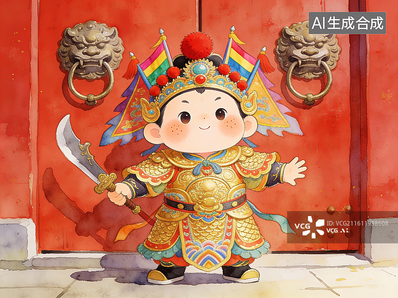 【AI数字艺术】身穿铠甲的卡通儿童门神持刀站立图片素材