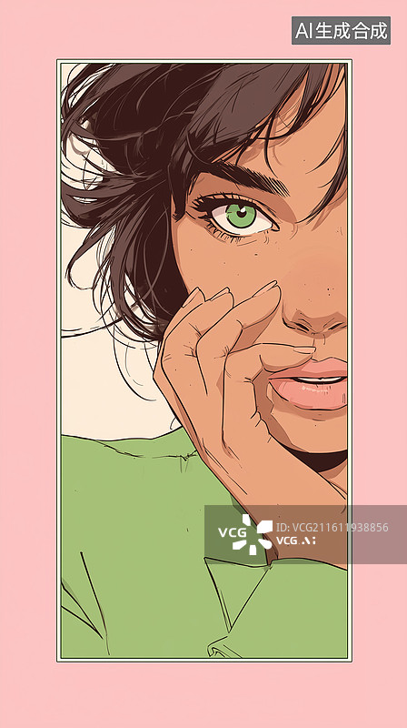 【AI数字艺术】绿眼自信女孩框后藏面插画图片素材